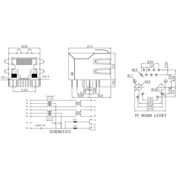 100Base-T RJ45 With Transformer , RJ45 Magnetic Jack Contact Resistance <30mΩ