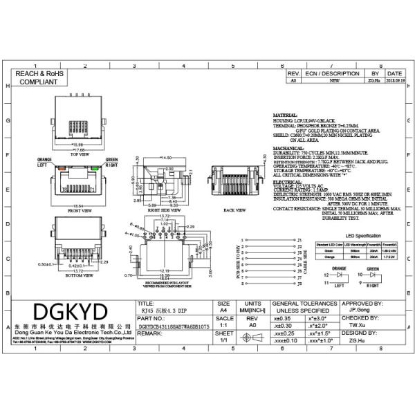Гнездо соединителя RJ45 доски раковины DGKYDCB431188AB7WA6DB1075 4,3 с экраном пакета лампы