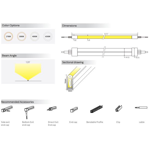 0614 Bande Néon Lumineuse Latérale en Silicone Mini Bandes LED IP65/67 24V