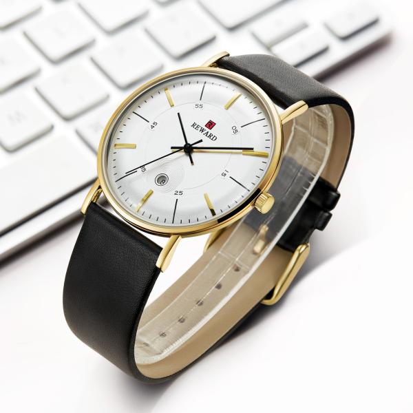 SGS Mens Leather Strap Watches 2.5D Mineral Glass Three Hand 3 Atm Water Resistant