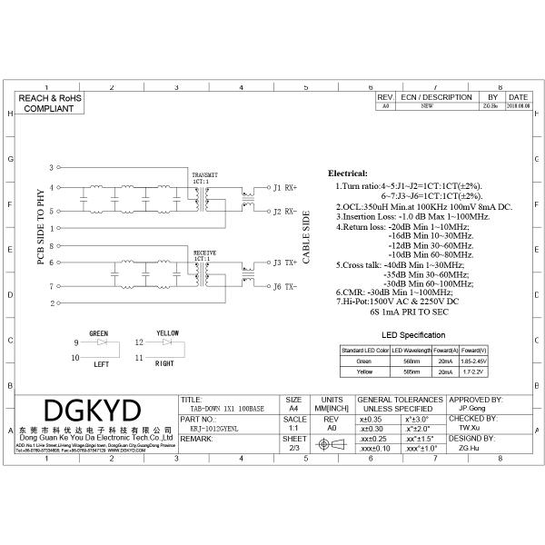 PCB Network RJ45 Modular Jack With Filter , LED Tab Down Side Entry  Ethernet Socket RJ45 Network Interface 100Mbps Connector KRJ-1012GYENL