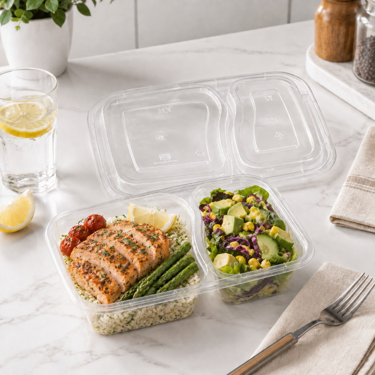 1200ml Slim Two Section Clear PP Divided Food Container for Bulk Meals