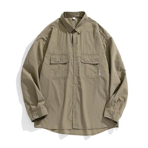                  Custom Logo Top Loose Long Sleeve Shirt Tooling Double Pocket Men′s Shirt             