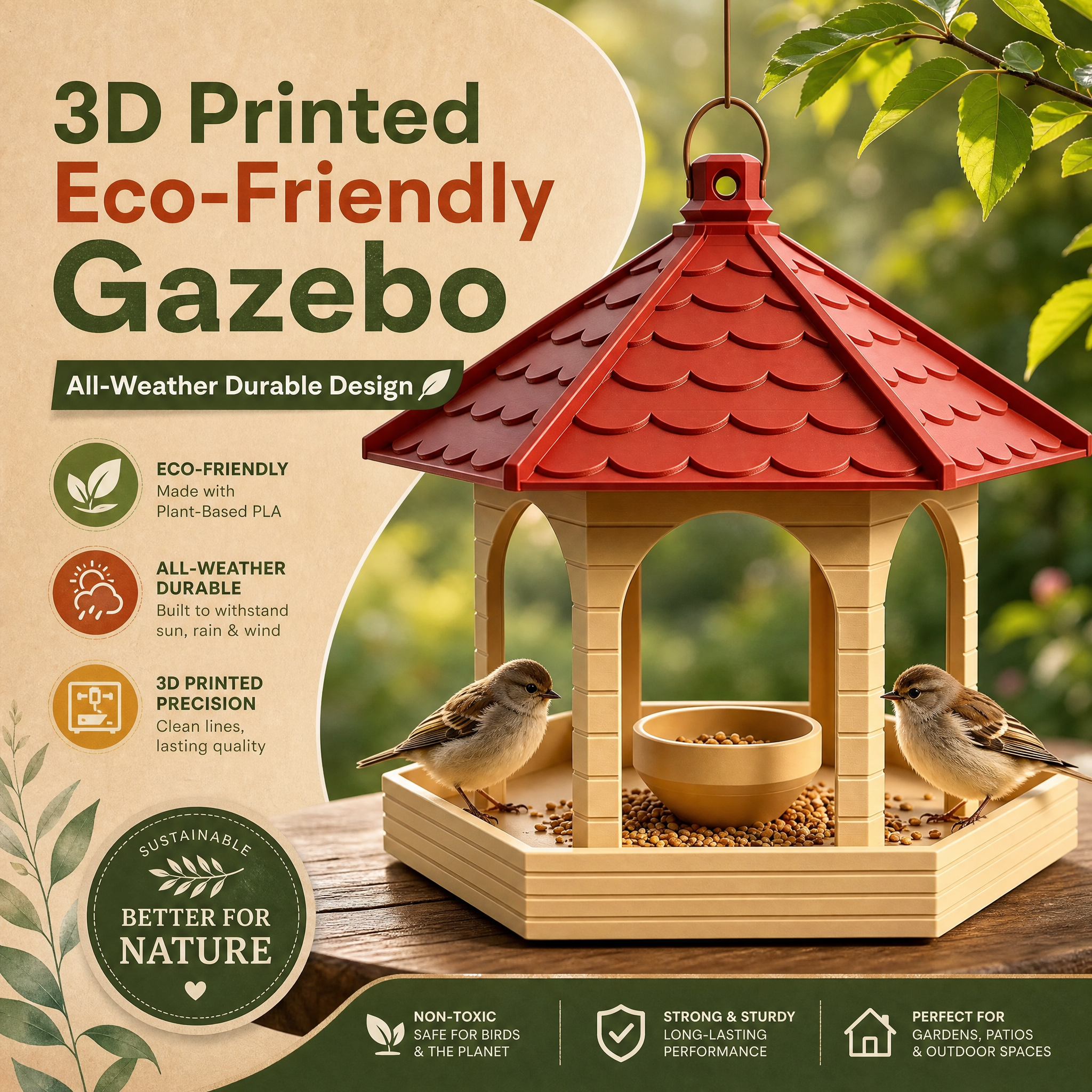 Weather Resistant Pavilion Design 3D Printed Pet Accessories For Outdoor Bird Feeding