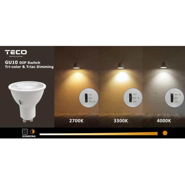 Teco Dip Switch Disminuible GU10 Luz de luz LED 3CCT 230V 2700K 3300k 4000k Ra98