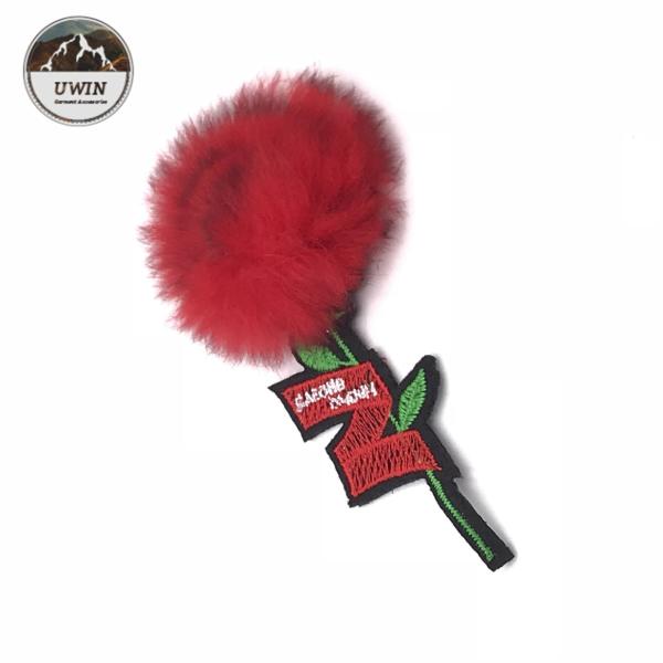 Red Flower Embroidery Designs Patches Custom Logo With Rabbit Fluff Material