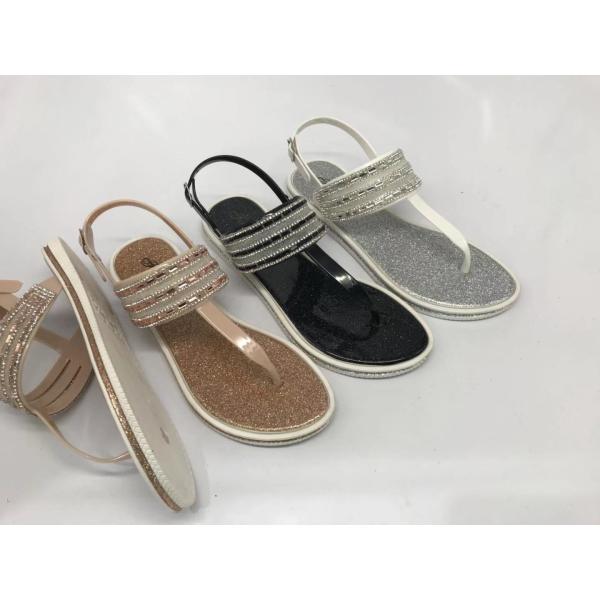 Rhinestone Thong With 3 Strips Sandal Flat Women Outdoor PVC Crystal Sandals Tiano