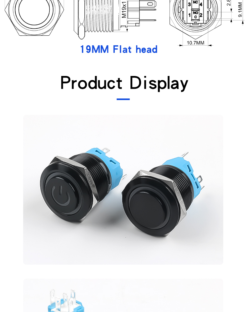 19MM Self‑Resetting Self‑Locking Black Metal Pushbutton Switch 1No1Nc Power Marking Ring‑Shaped Marking 6V/24V/220V Red Green