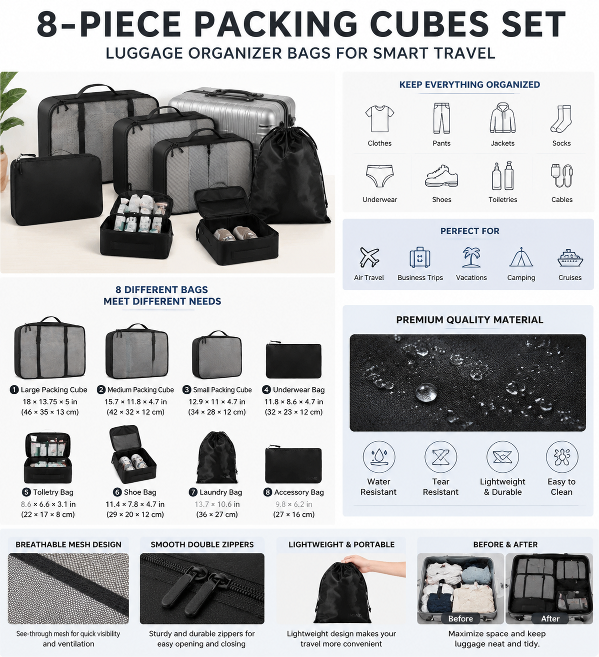 8-Piece Packing Cubes for Travel, Space Saving Luggage Organizer Set with Multiple Sizes, Suitcase Packing Bags for Clothes, Shoes & Accessories, Jet Black