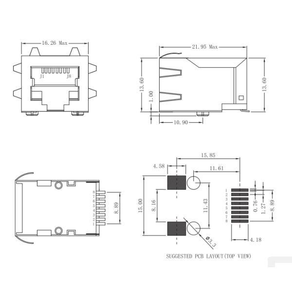 Плата Shareway 10/100M вниз с поверхностного креста держателя SMT RJ45 Джек J0C-0004NL к SRJ221701SNL