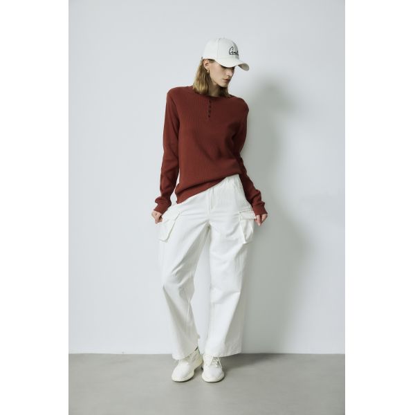 Rust Brown Ribbed Basic Tops Henley Neck Top White Cargo Pants Set