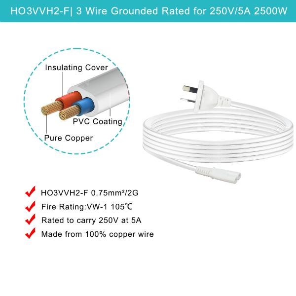 SAA to IEC C7 Power Cord 2-Pin AU Plug 1M White ROHS Certified