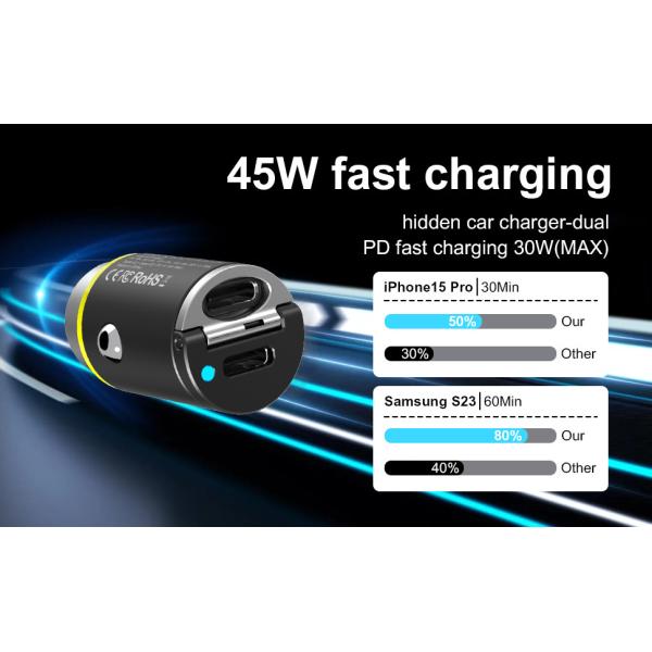 Carregador rápido de carro USB C de 45W Portas USB-C duplas Mini-Ligador de cigarro Carregador USB