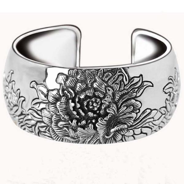 Retro Vintage 925 Sterling Silver Wide Cuff Bracelet Engraved Flower (XH042025)