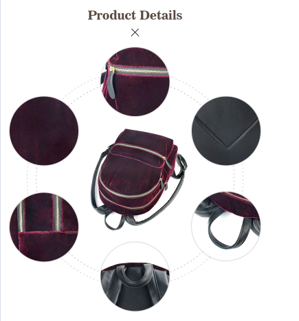 Velvet Casual Lightweight Nylon Backpack , Flannel Ladies Mini Backpack With Mochila Zipper