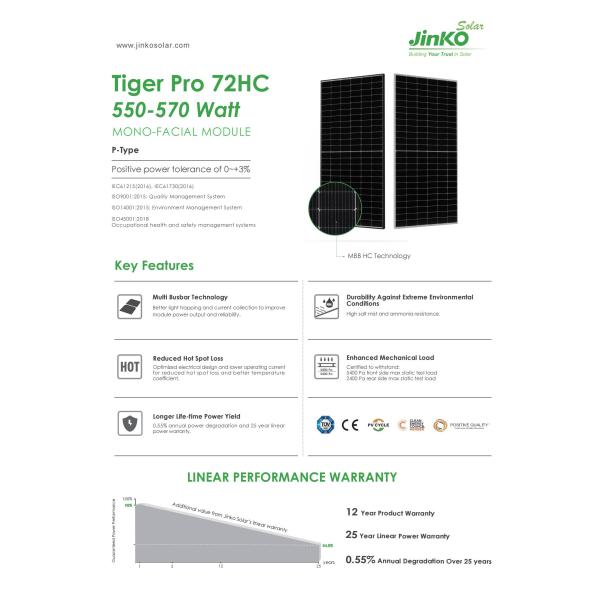 Half Cell Monocrystalline Solar Panel Jinkosolar P-type JKM550-570M-72HL4-V 144 Cells