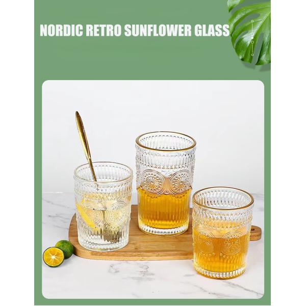 Custom Pattern 300ml 380ml Retro Embossed Glass Mug with Gold Border and Sunflower Design