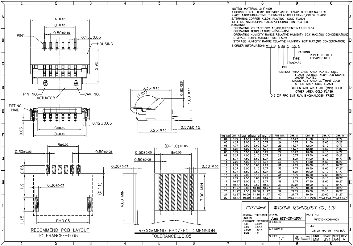 SMT FPC To Board Connector 0,5 мм Протяженность FPC Zif Connector 1,0 мм Высота