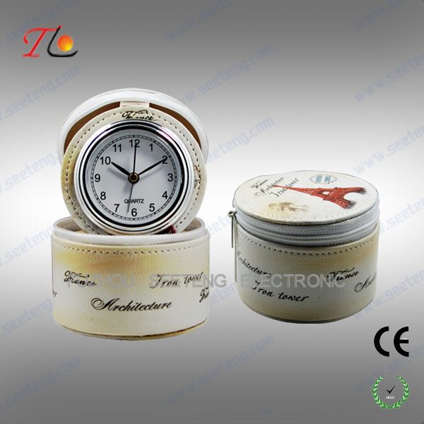 New portable and folding 3D flower printing PU Paris travel alarm clock for promotion