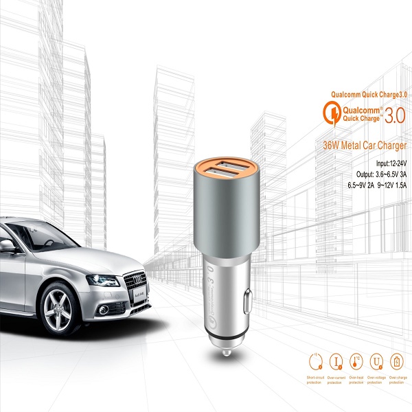 FCC Metal QC3.0 12V1.5A Car Cell Phone Charger With USB Port