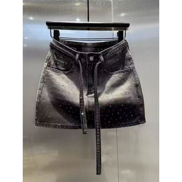 Rhinestone Studded Denim Skirt – High-Waist Mini Skirt with Adjustable Belt for Women
