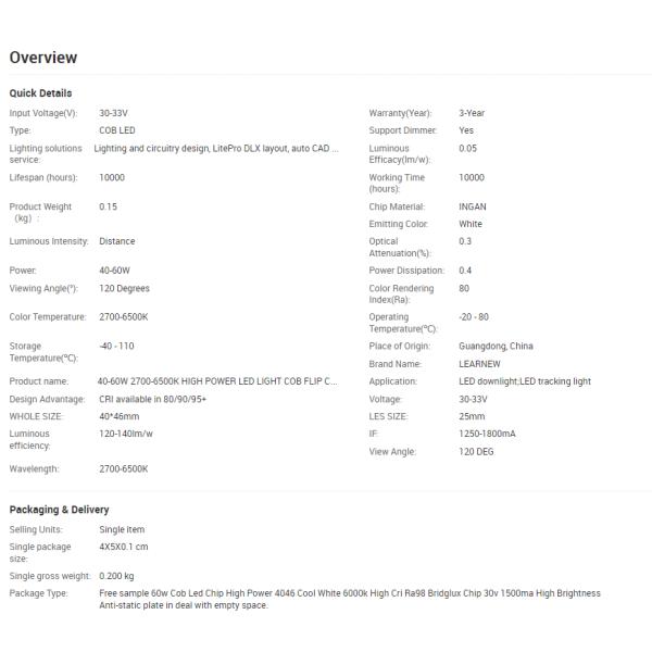 Наивысшая мощность 4046 обломока СИД УДАРА Bridgelux 60w охлаждает белое 6000k 1500ma