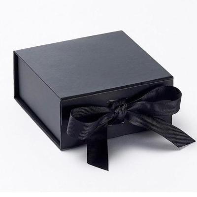 Custom Matte Black Square Foldable Black Small Folding Gift Box With Ribbon