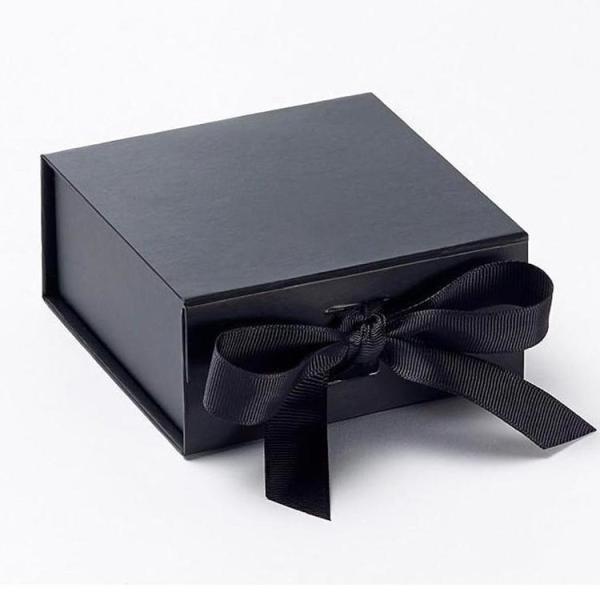 Custom Matte Black Square Foldable Black Small Folding Gift Box With Ribbon