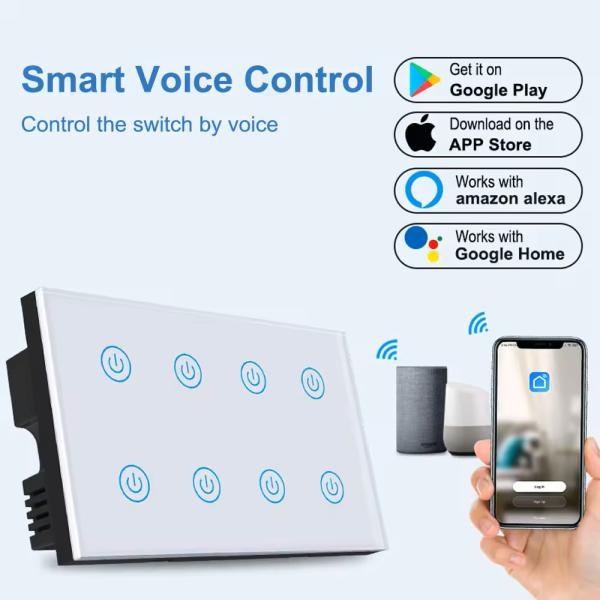 Glomarket Smart Home 8 Gang Wall Switch US Standard Tuya Voice APP Remote Control Wireless Wall Touch Light Switch