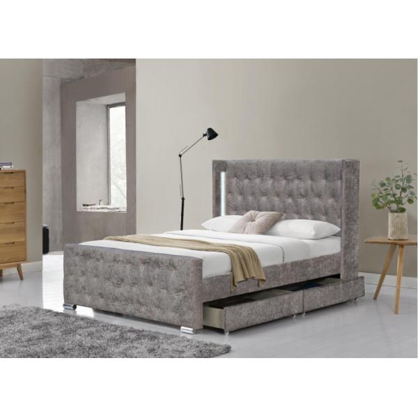 Wing Back Ottoman Tufted Storage Bed King Size Wood Sliver Grey Crushed Velvet With Headboard
