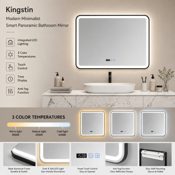Kingstin Smart LED Bathroom Mirror with Time Date Display, Anti-Fog Backlit Vanity Mirror, Aluminum Frame, Bluetooth Android
