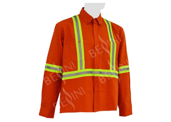 Men's 100%Cotton Twill Orange Work Shirt Long Sleeve Reflective Tape Chest Pockets
