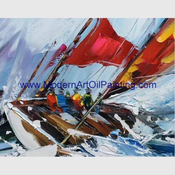 Sailing Boats Oil Painting, Hand Painted Seascape Oil Painting For Wall Decor