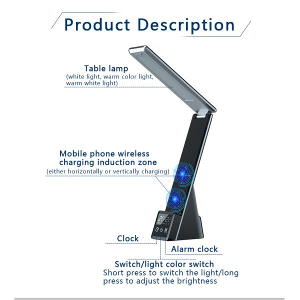 Office Household Wireless Charging Table Lamp with 15W Output Power and Digital Display Alarm Clock Multifunctional