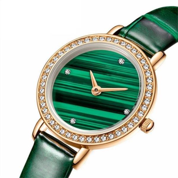 Women Bezel Genuine Diamond Quartz Watch Green Ladies Malachite