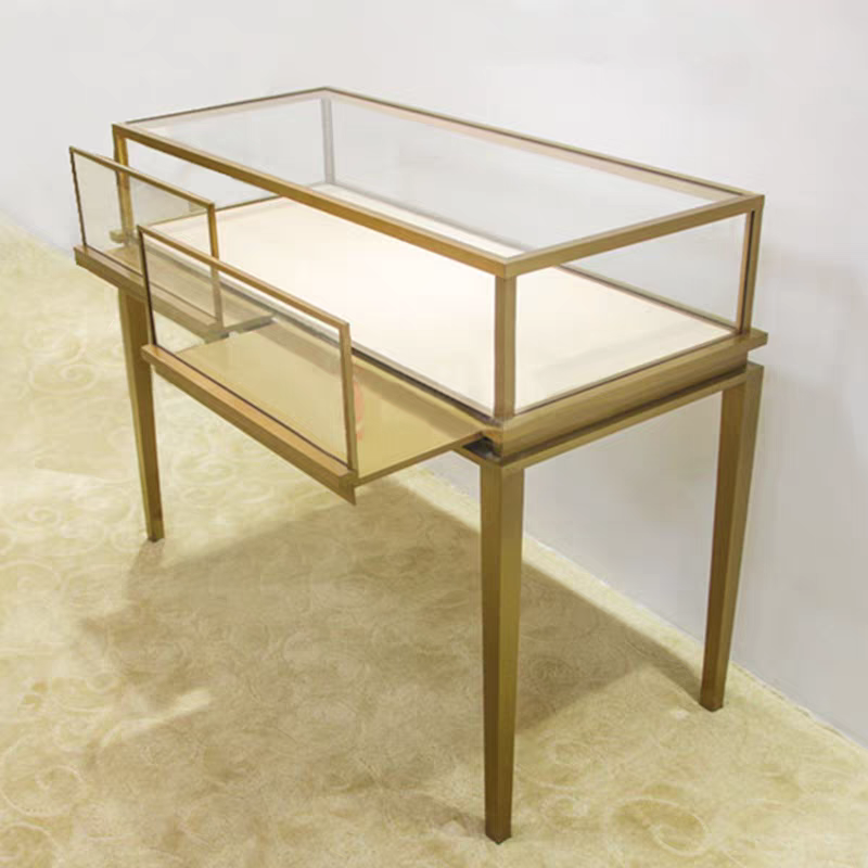 Luxury Champagne Gold Tall Pedestal Jewelry Display Case, Modern Museum Style Showcase with LED Lighting & Lockable Glass Top