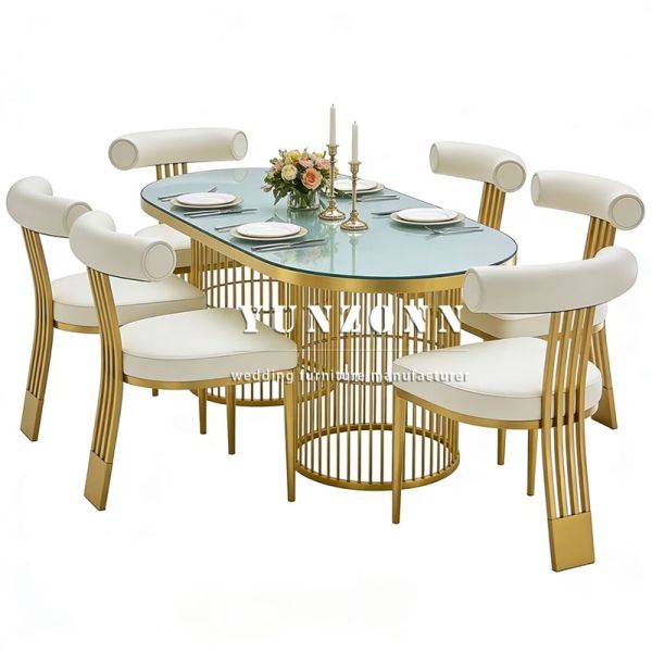 Luxury Stainless Steel Restaurant Banquet Party Modern Dining Wedding Tempered Glass Durable Table