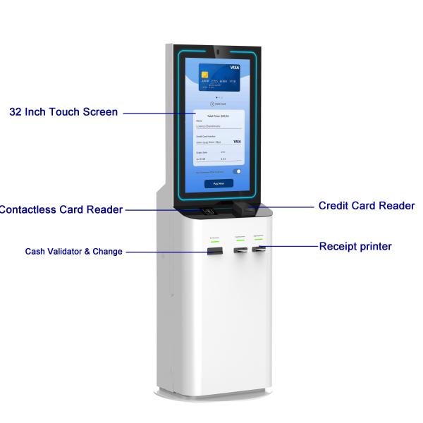 32 Inch Touch Screen Payment Kiosk With Cash Acceptor Cash Change Payment Support Credit Card Reader