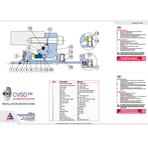 AESSEAL CVSD CVSD-R Cartridge Mechanical Seals Vulcanized Spring Disc Seal for Slurry Pump