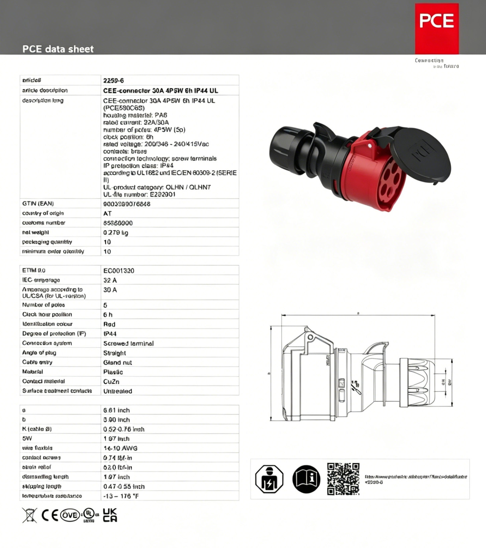 PCE Industrial Plastic Plug and Socket American Standard for Specification-415V-30A-5-Core (4P5W)-IP44-1 Outlet