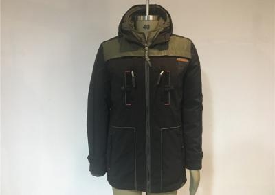 Undetachable Hooded Mens Polyester Jacket Olive And Black Color Male Winter Coat