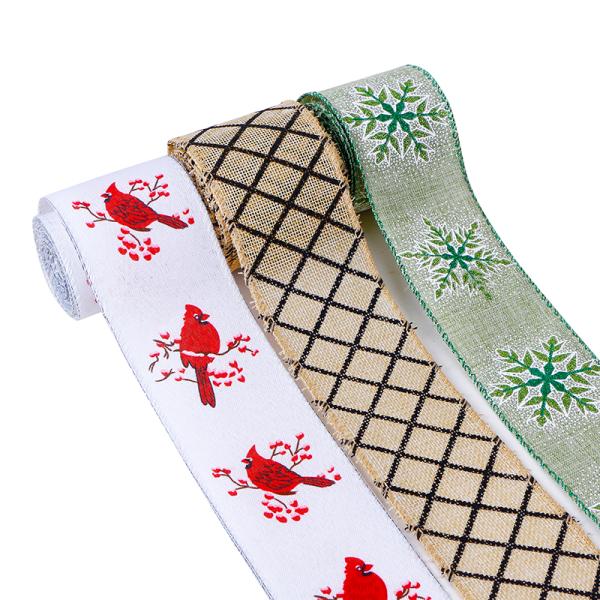 MSD Ribbons Christmas Printed Wreath 2.5 Inch Burlap Ribbon with Single Face Design