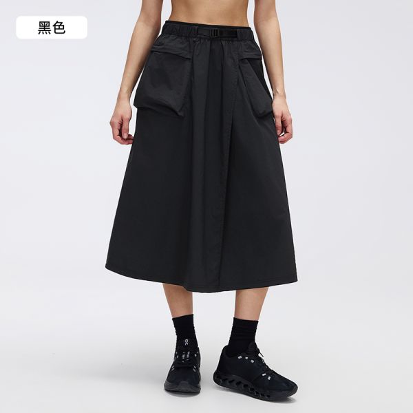 Black High Waist A-Line Midi Skirt with Cargo Pockets for Casual and Outdoor Wear