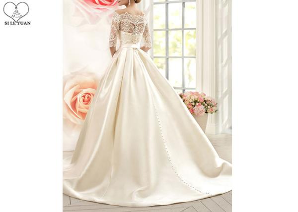 Cream Laces Satin Ball Gown Wedding Dress With Sleeves Back Zipper And Buttons