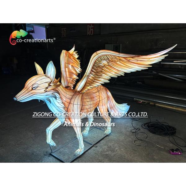 Large Glowing Fox Sculpture Lantern Feathered Turquoise & White Wings