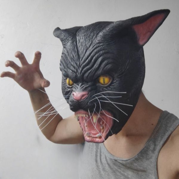 Realistic Black Cat Latex Mask with Pointed Ears and Yellow Eyes, Full Head Animal Horror Mask for Halloween, Cosplay, Party Events, Costume Performance, Latex Mask Manufacturer with OEM ODM Service