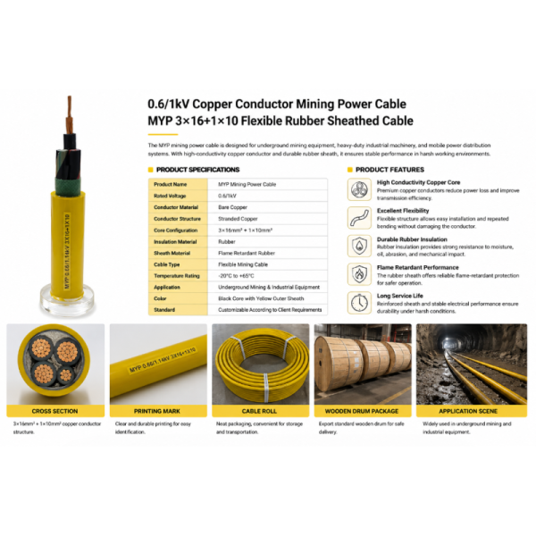 Mining Power Cable 0.6/1kV Copper Conductor MYP 3×16+1×10 Rubber Sheathed Flexible Cable