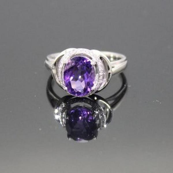 925 Sterling Silver Oval Cubic Zircon Amethyst Gemstone Ring(F95)