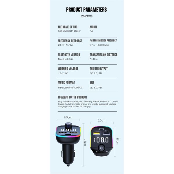 LED Display Bluetooth Car FM Transmitter Fast Charging Hands Free Calls