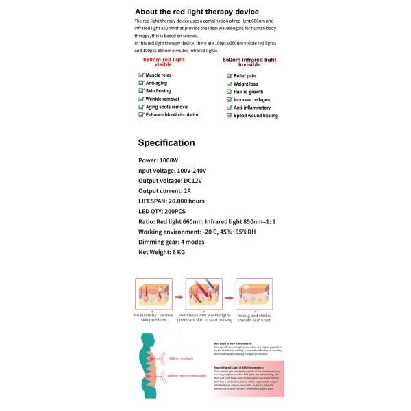 Панель терапии красным светом с подсветкой ближнего инфракрасного излучения 1000w 100V 660nm 850nm